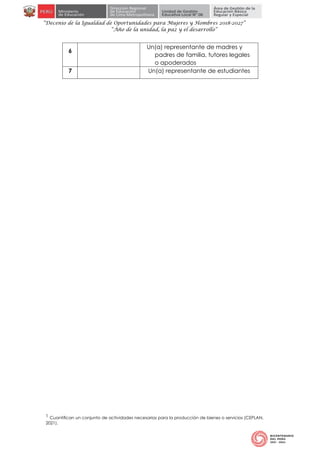 “Decenio de la Igualdad de Oportunidades para Mujeres y Hombres 2018-2027”
“Año de la unidad, la paz y el desarrollo”
6
Un(a) representante de madres y
padres de familia, tutores legales
o apoderados
7 Un(a) representante de estudiantes
1 Cuantifican un conjunto de actividades necesarias para la producción de bienes o servicios (CEPLAN,
2021).
 