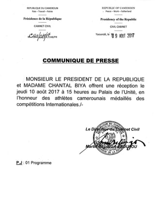 Paul Biya - Président du Cameroun - Le Couple Présidentiel offre une réception en l'honneur des athlètes camerounais médaillés des compétitions internationales.