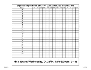 Name 3/3 3/5 3/10 3/12 3/17 3/19 3/24 3/26 3/31 4/2 4/7 4/9 4/14 4/16
1
2
3
4
5
6
7
8
9
10
11
12
13
14
15
16
17
18
19
20
21
22
23
24
25
English Composition I/ ENC 1101-23557/ MW 2:30-3:45pm/ 3-118
Final Exam: Wednesday, 04/23/14, 1:00-3:30pm, 3-118
9/9/2015 4:31 PM
 