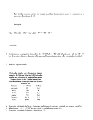 Para dividir números escritos em notação científica dividem-se as partes N e subtraem-se os
           expoentes da potência de 10.



           Exemplo:



   (12,5 ´ 106) ¸ (2,5 ´ 109) = (12,5 ¸ 2,5) ´ 10(6 – 9) = 5,0 ´ 10 – 3




   Exercícios:



1. O diâmetro da nossa galáxia é na ordem dos 100 000 a.l. (1 ´ 105 a.l.). Sabendo que 1 a.l. são 9,5 ´ 1012
   km, determina o diâmetro da nossa galáxia em quilómetros (apresenta o valor em notação científica).



2. Atende à seguinte tabela:



    Distâncias médias aproximadas de alguns
   planetas do Sistema Solar ao Sol Distâncias
   médias aproximadas de alguns planetas do
     Sistema Solar ao Sol Distâncias médias
   aproximadas de alguns planetas do Sistema
                   Solar ao Sol
      Planetas        d / 106 km     d / UA
     Mercúrio              60           0,4
       Terra              150            1
       Marte              230           1,5
       Júpiter            780           5,2
      Saturno            1 430          9,5
       Plutão            5 900         39,5


a. Determina a distância da Terra a Júpiter em quilómetros (expressa o resultado em notação científica)
b. Sabendo que 1 UA = 1,5 ´ 108 km, apresenta o resultado anterior em UA.
c. Determina a distância de Júpiter a Saturno em UA.
 