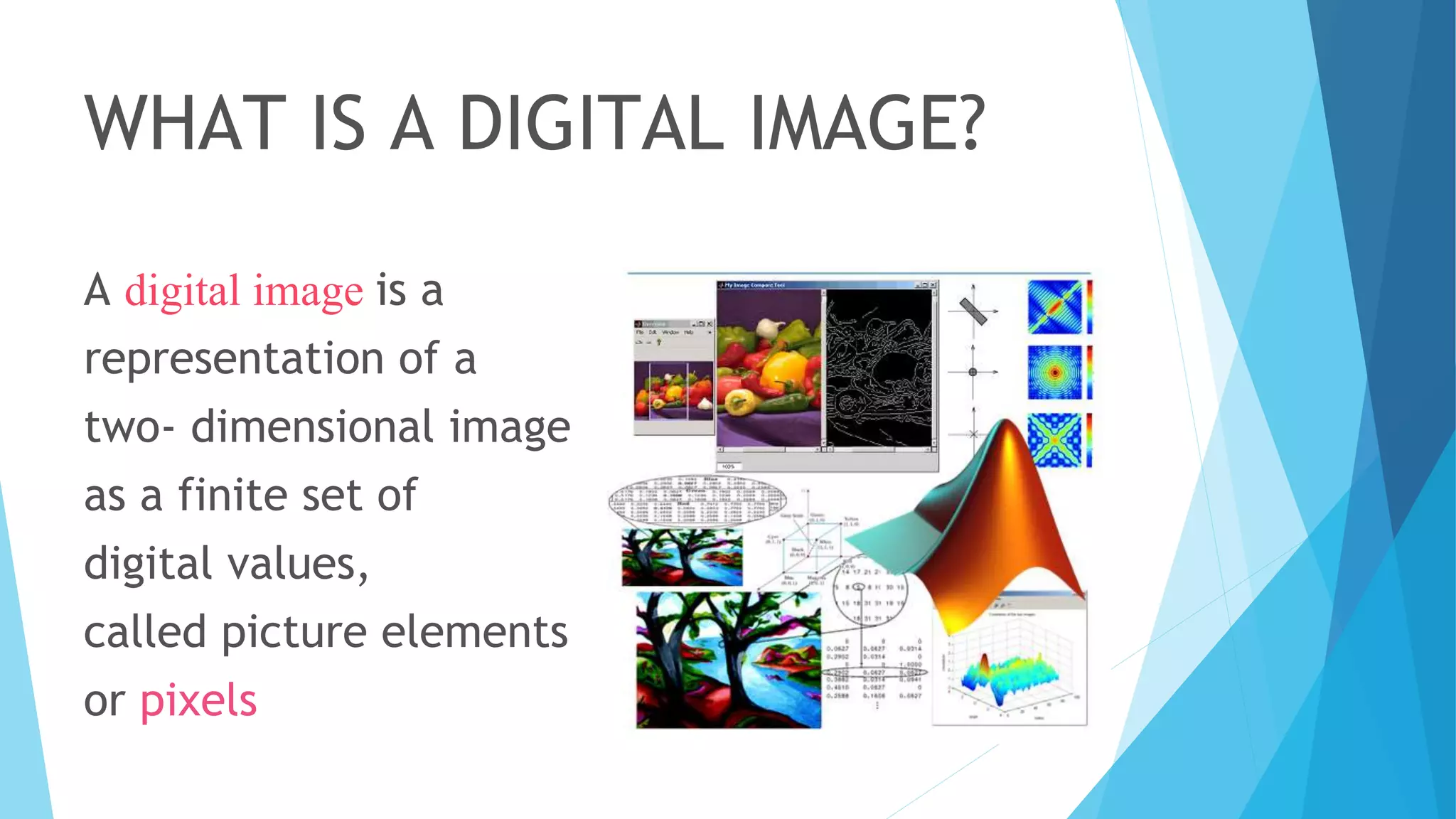 WHAT IS A DIGITAL IMAGE?
A digital image is a
representation of a
two- dimensional image
as a finite set of
digital values,
called picture elements
or pixels
 