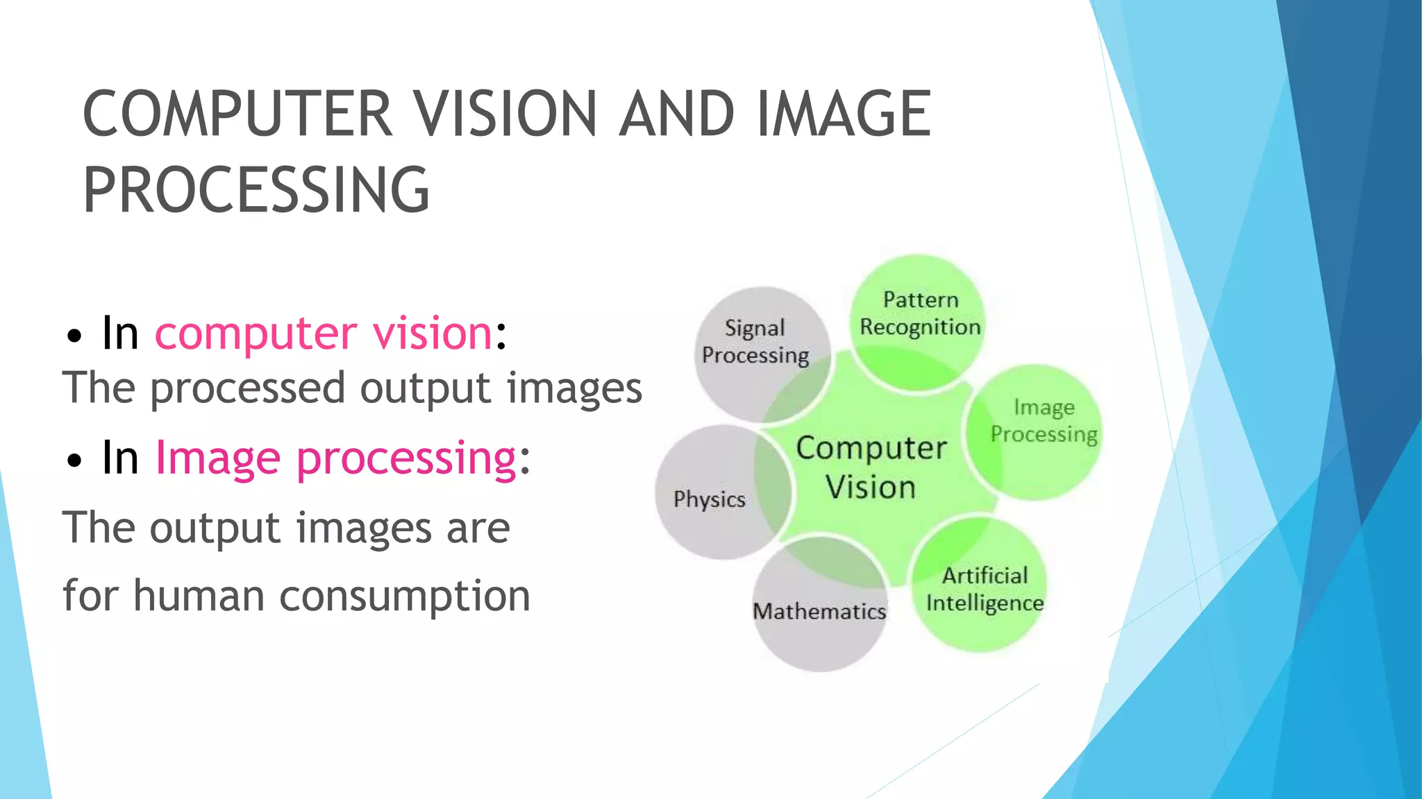 COMPUTER VISION AND IMAGE
PROCESSING
• In computer vision:
The processed output images
• In Image processing:
The output images are
for human consumption
 