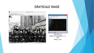 GRAYSCALE IMAGE
Pure black->0
Shades of black&white -> 1-
254
White-> 255
 