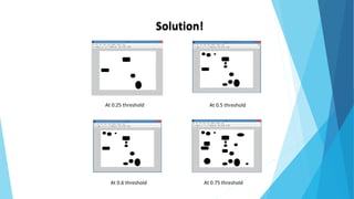 Solution!
At 0.25 threshold At 0.5 threshold
At 0.6 threshold At 0.75 threshold
 