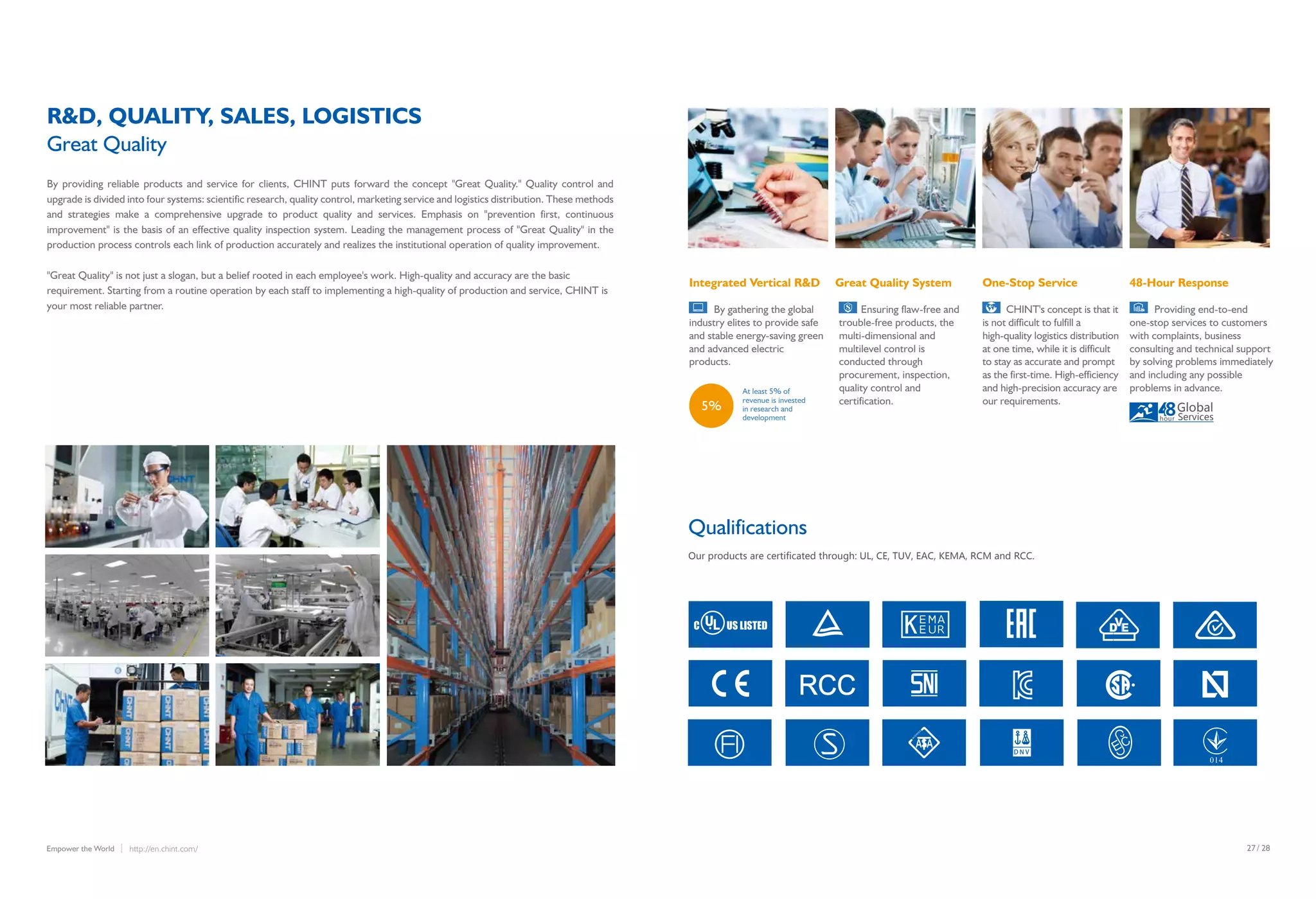 /27 28http://en.chint.com/Empower the World
Our products are certificated through: UL, CE, TUV, EAC, KEMA, RCM and RCC.
Qualifications
Integrated Vertical R&D
By gathering the global
industry elites to provide safe
and stable energy-saving green
and advanced electric
products.
At least 5% of
revenue is invested
in research and
development
Great Quality System
Ensuring flaw-free and
trouble-free products, the
multi-dimensional and
multilevel control is
conducted through
procurement, inspection,
quality control and
certification.
One-Stop Service
Providing end-to-end
one-stop services to customers
with complaints, business
consulting and technical support
by solving problems immediately
and including any possible
problems in advance.
48-Hour Response
CHINT's concept is that it
is not difficult to fulfill a
high-quality logistics distribution
at one time, while it is difficult
to stay as accurate and prompt
as the first-time. High-efficiency
and high-precision accuracy are
our requirements.
By providing reliable products and service for clients, CHINT puts forward the concept "Great Quality." Quality control and
upgrade is divided into four systems: scientific research, quality control, marketing service and logistics distribution. These methods
and strategies make a comprehensive upgrade to product quality and services. Emphasis on "prevention first, continuous
improvement" is the basis of an effective quality inspection system. Leading the management process of "Great Quality" in the
production process controls each link of production accurately and realizes the institutional operation of quality improvement.
"Great Quality" is not just a slogan, but a belief rooted in each employee's work. High-quality and accuracy are the basic
requirement. Starting from a routine operation by each staff to implementing a high-quality of production and service, CHINT is
your most reliable partner.
R&D, QUALITY, SALES, LOGISTICS
Great Quality
5% Global
Serviceshour
D N V
A A
IN
TERTEK
 