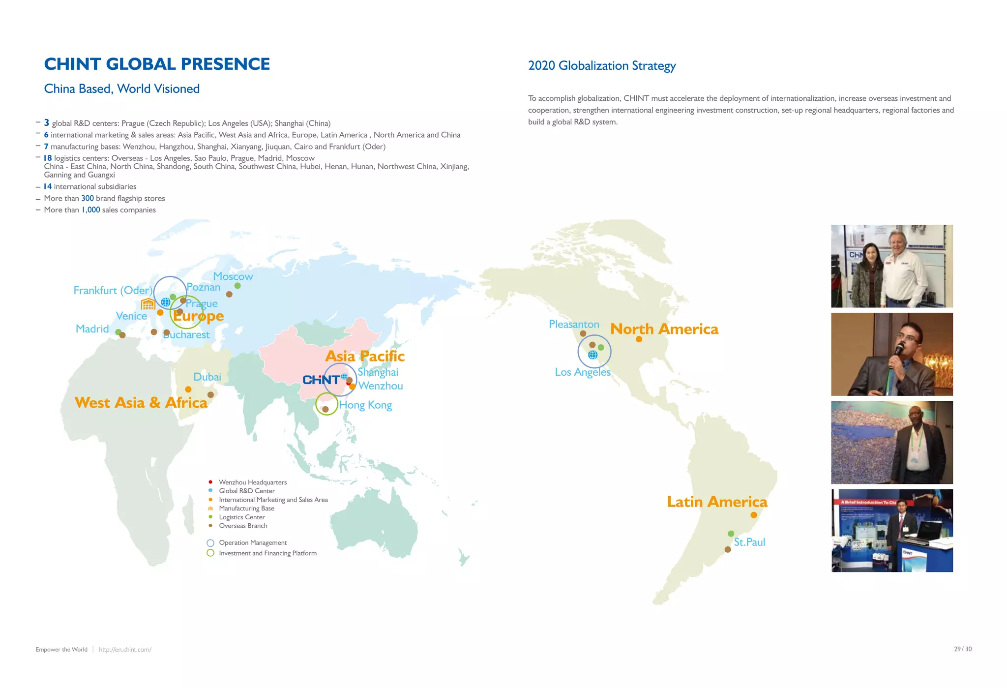 /29 30http://en.chint.com/Empower the World
2020 Globalization Strategy
Frankfurt (Oder)
Madrid
Venice
Bucharest
Dubai
Moscow
Los Angeles
Pleasanton
St.Paul
Shanghai
West Asia & Africa
Asia Pacific
Wenzhou
Hong Kong
North America
Latin America
Prague
Poznan
Europe
To accomplish globalization, CHINT must accelerate the deployment of internationalization, increase overseas investment and
cooperation, strengthen international engineering investment construction, set-up regional headquarters, regional factories and
build a global R&D system.
Wenzhou Headquarters
Global R&D Center
International Marketing and Sales Area
Manufacturing Base
Logistics Center
Overseas Branch
3 global R&D centers: Prague (Czech Republic); Los Angeles (USA); Shanghai (China)
6 international marketing & sales areas: Asia Pacific, West Asia and Africa, Europe, Latin America , North America and China
7 manufacturing bases: Wenzhou, Hangzhou, Shanghai, Xianyang, Jiuquan, Cairo and Frankfurt (Oder)
18 logistics centers: Overseas - Los Angeles, Sao Paulo, Prague, Madrid, Moscow
China - East China, North China, Shandong, South China, Southwest China, Hubei, Henan, Hunan, Northwest China, Xinjiang,
Ganning and Guangxi
14 international subsidiaries
More than 300 brand flagship stores
More than 1,000 sales companies
CHINT GLOBAL PRESENCE
China Based, World Visioned
Operation Management
Investment and Financing Platform
 