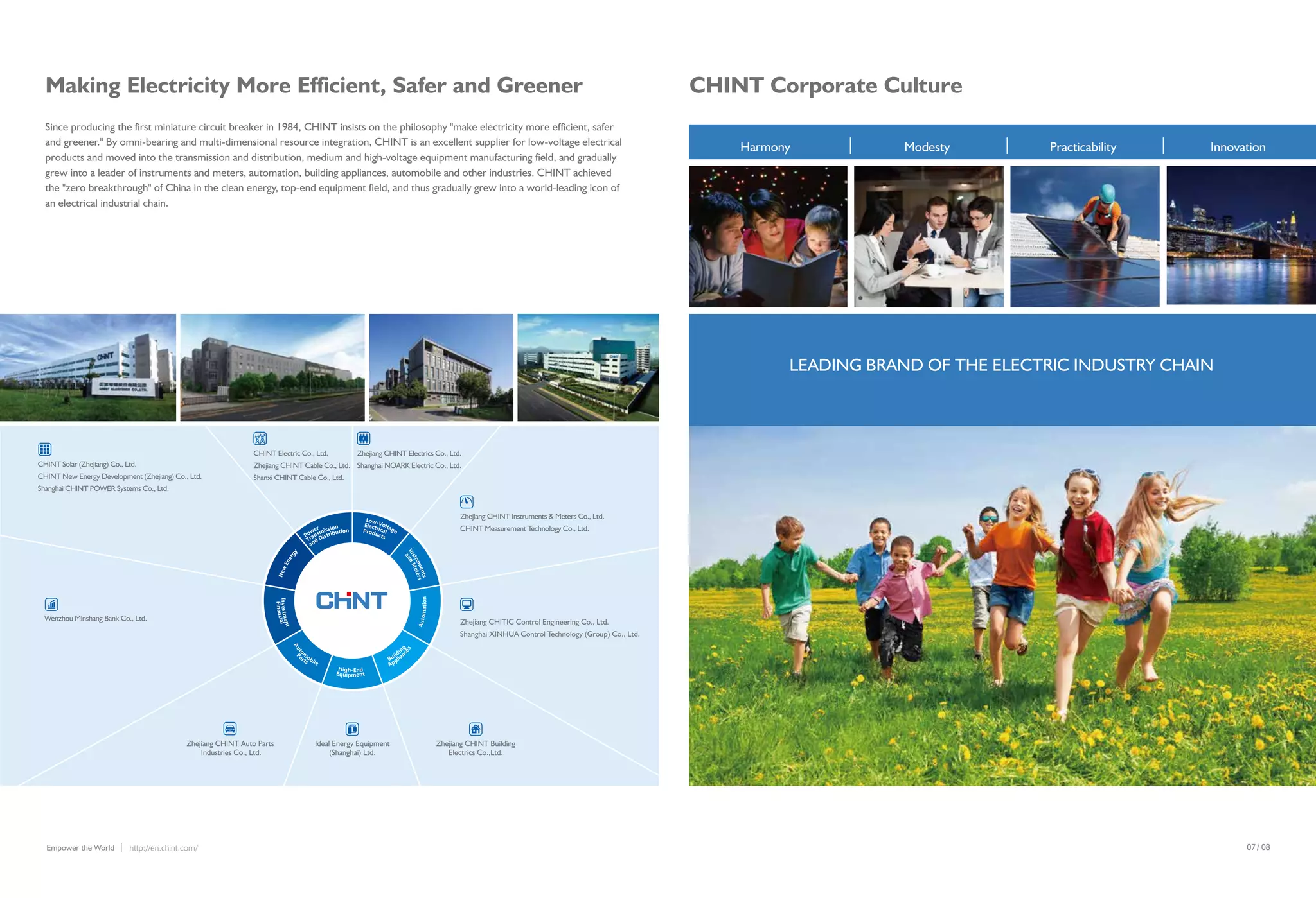 /07 08http://en.chint.com/Empower the World
Since producing the first miniature circuit breaker in 1984, CHINT insists on the philosophy "make electricity more efficient, safer
and greener." By omni-bearing and multi-dimensional resource integration, CHINT is an excellent supplier for low-voltage electrical
products and moved into the transmission and distribution, medium and high-voltage equipment manufacturing field, and gradually
grew into a leader of instruments and meters, automation, building appliances, automobile and other industries. CHINT achieved
the "zero breakthrough" of China in the clean energy, top-end equipment field, and thus gradually grew into a world-leading icon of
an electrical industrial chain.
Making Electricity More Efficient, Safer and Greener
Zhejiang CHINT Auto Parts
Industries Co., Ltd.
Ideal Energy Equipment
(Shanghai) Ltd.
Zhejiang CHINT Building
Electrics Co.,Ltd.
CHINT Electric Co., Ltd.
Zhejiang CHINT Cable Co., Ltd.
Shanxi CHINT Cable Co., Ltd.
Zhejiang CHINT Electrics Co., Ltd.
Shanghai NOARK Electric Co., Ltd.
Zhejiang CHITIC Control Engineering Co., Ltd.
Shanghai XINHUA Control Technology (Group) Co., Ltd.
Power
Transmission
and Distribution
Low-Voltage
ElectricalProducts
Instruments
and
Meters
New
Energy
FinancialInvestment
Parts
Auto
m
obile
Equipment
High-End
Applian
ces
Buildin
g
Automation
CHINT Solar (Zhejiang) Co., Ltd.
CHINT New Energy Development (Zhejiang) Co., Ltd.
Shanghai CHINT POWER Systems Co., Ltd.
Zhejiang CHINT Instruments & Meters Co., Ltd.
CHINT Measurement Technology Co., Ltd.
Wenzhou Minshang Bank Co., Ltd.
CHINT Corporate Culture
Harmony Modesty Practicability Innovation
LEADING BRAND OF THE ELECTRIC INDUSTRY CHAIN
 