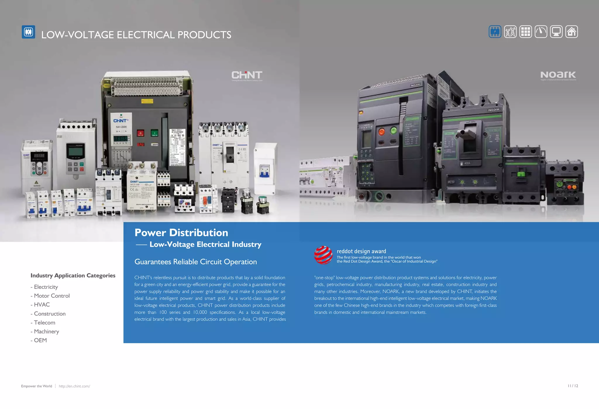 /11 12http://en.chint.com/Empower the World
Leading Brand of the Electric Industry Chain Supplier of Advanced Electrical System Solutions
LOW-VOLTAGE ELECTRICAL PRODUCTS
CHINT's relentless pursuit is to distribute products that lay a solid foundation
for a green city and an energy-efficient power grid, provide a guarantee for the
power supply reliability and power grid stability and make it possible for an
ideal future intelligent power and smart grid. As a world-class supplier of
low-voltage electrical products, CHINT power distribution products include
more than 100 series and 10,000 specifications. As a local low-voltage
electrical brand with the largest production and sales in Asia, CHINT provides
Guarantees Reliable Circuit Operation
Low-Voltage Electrical Industry
"one-stop" low-voltage power distribution product systems and solutions for electricity, power
grids, petrochemical industry, manufacturing industry, real estate, construction industry and
many other industries. Moreover, NOARK, a new brand developed by CHINT, initiates the
breakout to the international high-end intelligent low-voltage electrical market, making NOARK
one of the few Chinese high-end brands in the industry which competes with foreign first-class
brands in domestic and international mainstream markets.
Power Distribution
The ﬁrst low-voltage brand in the world that won
the Red Dot Design Award, the "Oscar of Industrial Design"
- Electricity
- Motor Control
- HVAC
- Construction
- Telecom
- Machinery
- OEM
Industry Application Categories
 