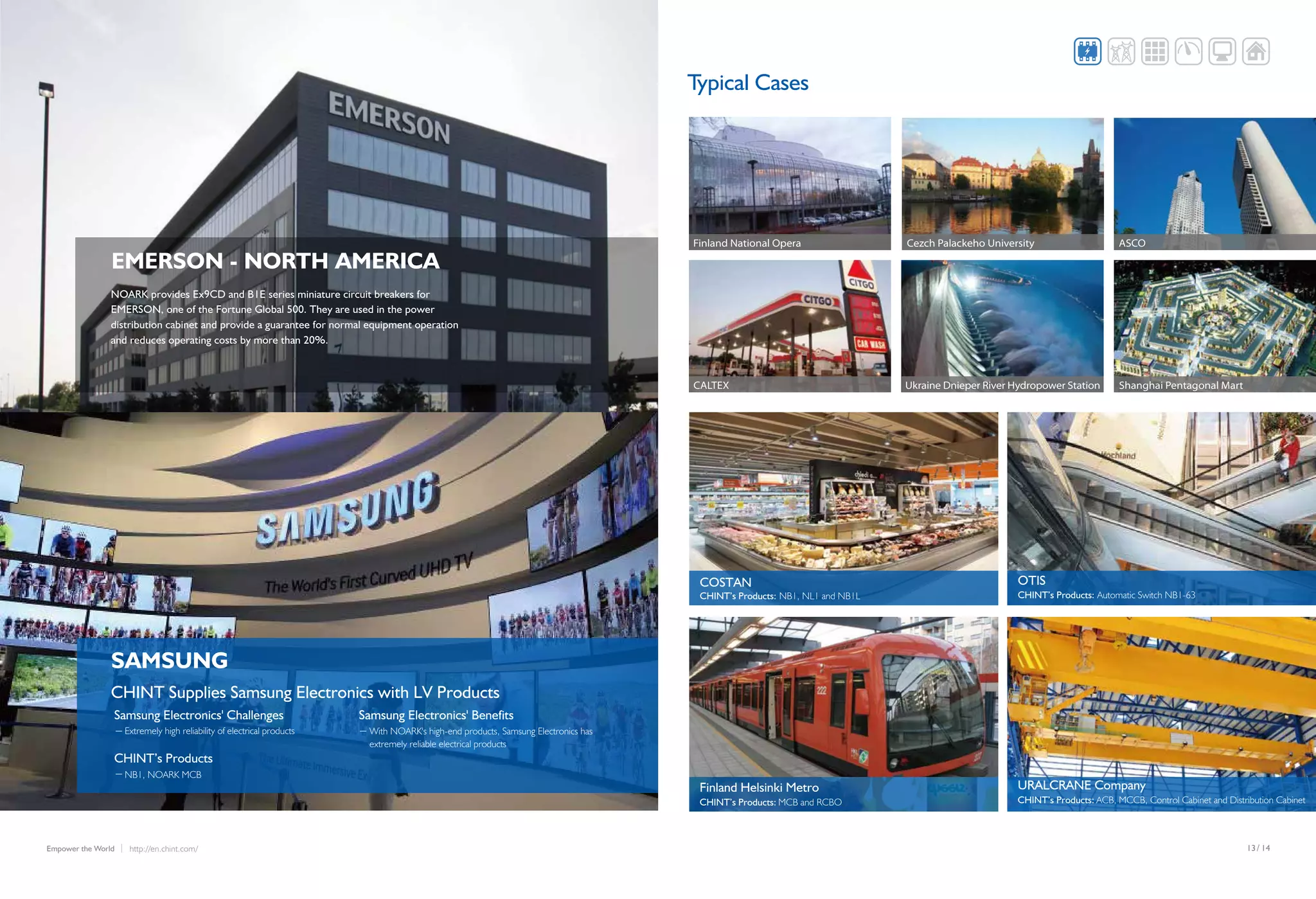 /13 14http://en.chint.com/Empower the World
CHINT Supplies Samsung Electronics with LV Products
SAMSUNG
EMERSON - NORTH AMERICA
NOARK provides Ex9CD and B1E series miniature circuit breakers for
EMERSON, one of the Fortune Global 500. They are used in the power
distribution cabinet and provide a guarantee for normal equipment operation
and reduces operating costs by more than 20%.
Finland National Opera
CALTEX
ASCO
Shanghai Pentagonal Mart
Cezch Palackeho University
Ukraine Dnieper River Hydropower Station
COSTAN
CHINT’s Products: NB1, NL1 and NB1L
URALCRANE Company
CHINT’s Products:
OTIS
CHINT’s Products: Automatic Switch NB1-63
Finland Helsinki Metro
CHINT’s Products: MCB and RCBO ACB, MCCB, Control Cabinet and Distribution Cabinet
Samsung Electronics' Challenges
CHINT’s Products
Extremely high reliability of electrical products
NB1, NOARK MCB
Samsung Electronics' Benefits
With NOARK's high-end products, Samsung Electronics has
extremely reliable electrical products
Typical Cases
 