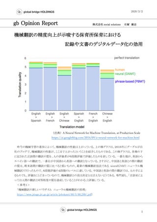 2020/３/２
1
機械翻訳の精度向上が示唆する保育所保育における
記録や文書のデジタルデータ化の効用
（出典）A Neural Network for Machine Translation, at Production Scale
https://ai.googleblog.com/2016/09/a-neural-network-for-machine.html
昨今の機械学習の進歩によって、機械翻訳の性能は上がっている。上の棒グラフは、２０１６年にグーグルが自
社のブログで、機械翻訳の性能が、ここまで上がったということを紹介したものである。この棒グラフは、各棒の下
に記された言語間の翻訳の質を、人の評価者が６段階評価で評価したものを表している。一番左端が、英語から
スペイン語への翻訳で、一番右が中国語から英語への翻訳となっている。さすがに、中国語と英語との間の翻訳
の質は、欧米語間の翻訳の質に比べると低いものの、最新の機械翻訳技法である neural(GNMT：ニューラル機
械翻訳)で行ったもので、６段階評価の４段階のレベルに達している。中国語と英語の間の翻訳では、人の手によ
るものでも、評価５にとどまっているので、機械翻訳との差は決定とは言えないようである。専門家も、「言語対によ
っては人間の翻訳と同等程度の質を達成していることがわかる」と評価している。
＜参考１＞
「機械翻訳の新しいパラダイム ニューラル機械翻訳の原理」
https://www.jstage.jst.go.jp/article/johokanri/60/5/60_299/_pdf）
gb Opinion Report 株式会社 social solutions 石塚 康志
 