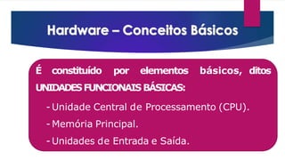 É constituído por elementos básicos, ditos
UNIDADESFUNCIONAIS BÁSICAS:
-Unidade Central de Processamento (CPU).
- Memória Principal.
-Unidades de Entrada e Saída.
 