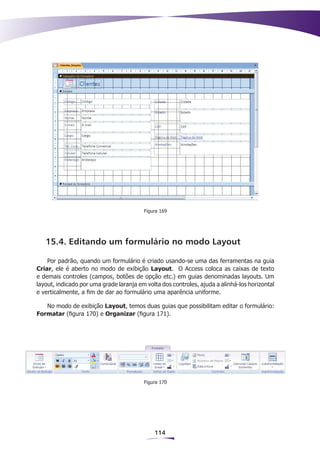 Figura 169




   15.4. Editando um formulário no modo Layout

    Por padrão, quando um formulário é criado usando-se uma das ferramentas na guia
Criar, ele é aberto no modo de exibição Layout. O Access coloca as caixas de texto
e demais controles (campos, botões de opção etc.) em guias denominadas layouts. Um
layout, indicado por uma grade laranja em volta dos controles, ajuda a alinhá-los horizontal
e verticalmente, a fim de dar ao formulário uma aparência uniforme.

   No modo de exibição Layout, temos duas guias que possibilitam editar o formulário:
Formatar (figura 170) e Organizar (figura 171).




                                         Figura 170




                                             114
 
