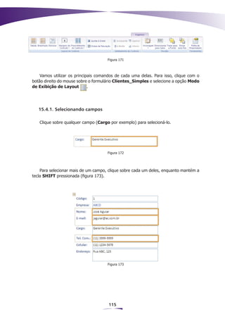 Figura 171



    Vamos utilizar os principais comandos de cada uma delas. Para isso, clique com o
botão direito do mouse sobre o formulário Clientes_Simples e selecione a opção Modo
de Exibição de Layout        .




   15.4.1. Selecionando campos

   Clique sobre qualquer campo (Cargo por exemplo) para selecioná-lo.




                                     Figura 172




    Para selecionar mais de um campo, clique sobre cada um deles, enquanto mantém a
tecla SHIFT pressionada (figura 173).




                                     Figura 173




                                      115
 