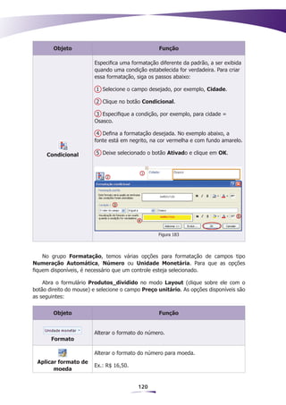 Objeto                                    Função

                        Especifica uma formatação diferente da padrão, a ser exibida
                        quando uma condição estabelecida for verdadeira. Para criar
                        essa formatação, siga os passos abaixo:

                         1 Selecione o campo desejado, por exemplo, Cidade.

                         2 Clique no botão Condicional.

                        3 Especifique a condição, por exemplo, para cidade =
                        Osasco.

                         4 Defina a formatação desejada. No exemplo abaixo, a
                        fonte está em negrito, na cor vermelha e com fundo amarelo.

     Condicional         5 Deixe selecionado o botão Ativado e clique em OK.




                                                  Figura 183




    No grupo Formatação, temos várias opções para formatação de campos tipo
Numeração Automática, Número ou Unidade Monetária. Para que as opções
fiquem disponíveis, é necessário que um controle esteja selecionado.

    Abra o formulário Produtos_dividido no modo Layout (clique sobre ele com o
botão direito do mouse) e selecione o campo Preço unitário. As opções disponíveis são
as seguintes:


        Objeto                                    Função


                        Alterar o formato do número.
       Formato

                        Alterar o formato do número para moeda.
 Aplicar formato de
                        Ex.: R$ 16,50.
       moeda


                                          120
 