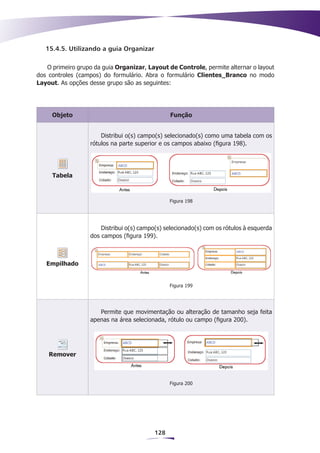 15.4.5. Utilizando a guia Organizar

   O primeiro grupo da guia Organizar, Layout de Controle, permite alternar o layout
dos controles (campos) do formulário. Abra o formulário Clientes_Branco no modo
Layout. As opções desse grupo são as seguintes:




     Objeto                                     Função


                      Distribui o(s) campo(s) selecionado(s) como uma tabela com os
                  rótulos na parte superior e os campos abaixo (figura 198).




     Tabela



                                                Figura 198




                      Distribui o(s) campo(s) selecionado(s) com os rótulos à esquerda
                  dos campos (figura 199).



   Empilhado


                                                Figura 199




                     Permite que movimentação ou alteração de tamanho seja feita
                  apenas na área selecionada, rótulo ou campo (figura 200).




    Remover



                                                Figura 200




                                          128
 
