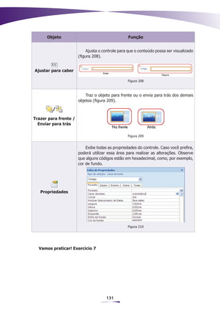 Objeto                                      Função


                            Ajusta o controle para que o conteúdo possa ser visualizado
                       (figura 208).


Ajustar para caber

                                                  Figura 208



                           Traz o objeto para frente ou o envia para trás dos demais
                       objetos (figura 209).

         /

Trazer para frente /
  Enviar para trás

                                                  Figura 209


                           Exibe todas as propriedades do controle. Caso você prefira,
                       poderá utilizar essa área para realizar as alterações. Observe
                       que alguns códigos estão em hexadecimal, como, por exemplo,
                       cor de fundo.




   Propriedades




                                                  Figura 210




  Vamos praticar! Exercício 7




                                      131
 