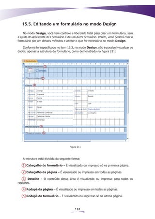 15.5. Editando um formulário no modo Design

    No modo Design, você tem controle e liberdade total para criar um formulário, sem
a ajuda do Assistente de Formulário e de um AutoFormulário. Porém, você poderá criar o
formulário por um desses métodos e alterar o que for necessário no modo Design.

   Conforme foi especificado no item 15.3, no modo Design, não é possível visualizar os
dados, apenas a estrutura do formulário, como demonstrado na figura 211:




                                       Figura 211




   A estrutura está dividida da seguinte forma:

   1 Cabeçalho do formulário – É visualizado ou impresso só na primeira página.

   2 Cabeçalho da página – É visualizado ou impresso em todas as páginas.

    3 Detalhe – O conteúdo dessa área é visualizado ou impresso para todos os
registros.

   4 Rodapé da página – É visualizado ou impresso em todas as páginas.

   5 Rodapé do formulário – É visualizado ou impresso só na última página.



                                           132
 