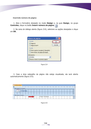 Inserindo número de página


   1. Abra o formulário desejado no modo Design e, na guia Design, no grupo
Controles, clique no botão Inserir número da página  .

   2. Na caixa de diálogo aberta (figura 214), selecione as opções desejadas e clique
em OK.




                                      Figura 214




    3. Caso a área cabeçalho da página não esteja visualizada, ela será aberta
automaticamente (figura 215).




                                      Figura 215




                                          134
 