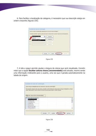 6. Para facilitar a localização da categoria, é necessário que sua descrição esteja em
ordem crescente (figuras 235).




                                        Figura 235




    7. A tela a seguir permite ajustar a largura da coluna que será visualizada. Convém
notar que a opção Ocultar coluna chave (recomendado) está ativada, mesmo sendo
uma informação irrelevante para o usuário, uma vez que é gerada automaticamente na
tabela de origem.




                                        Figura 236




                                         143
 