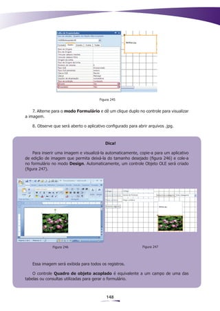 Figura 245


    7. Alterne para o modo Formulário e dê um clique duplo no controle para visualizar
a imagem.

   8. Observe que será aberto o aplicativo configurado para abrir arquivos .jpg.



                                          Dica!

     Para inserir uma imagem e visualizá-la automaticamente, copie-a para um aplicativo
de edição de imagem que permita deixá-la do tamanho desejado (figura 246) e cole-a
no formulário no modo Design. Automaticamente, um controle Objeto OLE será criado
(figura 247).




              Figura 246                                       Figura 247




   Essa imagem será exibida para todos os registros.

    O controle Quadro de objeto acoplado é equivalente a um campo de uma das
tabelas ou consultas utilizadas para gerar o formulário.



                                           148
 