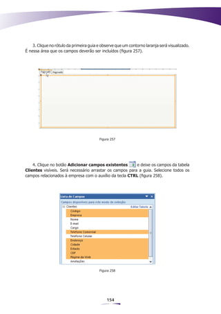 3. Clique no rótulo da primeira guia e observe que um contorno laranja será visualizado.
É nessa área que os campos deverão ser incluídos (figura 257).




                                         Figura 257




    4. Clique no botão Adicionar campos existentes        e deixe os campos da tabela
Clientes visíveis. Será necessário arrastar os campos para a guia. Selecione todos os
campos relacionados à empresa com o auxílio da tecla CTRL (figura 258).




                                         Figura 258




                                             154
 