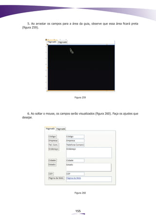 5. Ao arrastar os campos para a área da guia, observe que essa área ficará preta
(figura 259).




                                       Figura 259




   6. Ao soltar o mouse, os campos serão visualizados (figura 260). Faça os ajustes que
desejar.




                                       Figura 260




                                       155
 