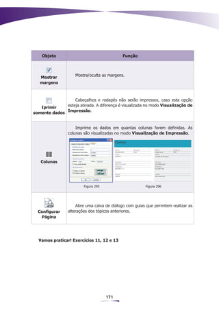 Objeto                                   Função



                   Mostra/oculta as margens.
  Mostrar
  margens



                    Cabeçalhos e rodapés não serão impressos, caso esta opção
                esteja ativada. A diferença é visualizada no modo Visualização de
   Iprimir
                Impressão.
somente dados


                    Imprime os dados em quantas colunas forem definidas. As
                colunas são visualizadas no modo Visualização de Impressão.




   Colunas




                        Figura 295                      Figura 296




                    Abre uma caixa de diálogo com guias que permitem realizar as
 Configurar     alterações dos tópicos anteriores.
  Página




  Vamos praticar! Exercícios 11, 12 e 13




                                     171
 