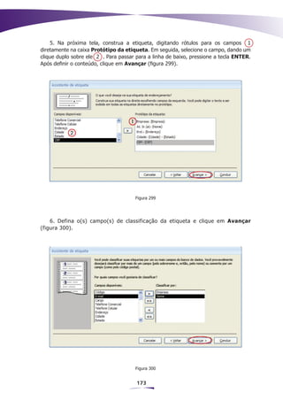 5. Na próxima tela, construa a etiqueta, digitando rótulos para os campos 1
diretamente na caixa Protótipo da etiqueta. Em seguida, selecione o campo, dando um
clique duplo sobre ele 2 . Para passar para a linha de baixo, pressione a tecla ENTER.
Após definir o conteúdo, clique em Avançar (figura 299).




                                      Figura 299




    6. Defina o(s) campo(s) de classificação da etiqueta e clique em Avançar
(figura 300).




                                      Figura 300


                                       173
 