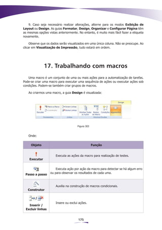 9. Caso seja necessário realizar alterações, alterne para os modos Exibição de
Layout ou Design. As guias Formatar, Design, Organizar e Configurar Página têm
as mesmas opções vistas anteriormente. No entanto, é muito mais fácil fazer a etiqueta
novamente.

     Observe que os dados serão visualizados em uma única coluna. Não se preocupe. Ao
clicar em Visualização de Impressão, tudo estará em ordem.




               17. Trabalhando com macros
   Uma macro é um conjunto de uma ou mais ações para a automatização de tarefas.
Pode-se criar uma macro para executar uma sequência de ações ou executar ações sob
condições. Podem-se também criar grupos de macros.

   Ao criarmos uma macro, a guia Design é visualizada:




                                       Figura 303


   Onde:


     Objeto                                         Função


                       Executa as ações da macro para realização de testes.
    Executar


                       Executa ação por ação da macro para detectar se há algum erro
                   ou para observar os resultados de cada uma.
 Passo a passo


                       Auxilia na construção de macros condicionais.
   Construtor

        /
                       Insere ou exclui ações.
   Inserir /
 Excluir linhas


                                       175
 