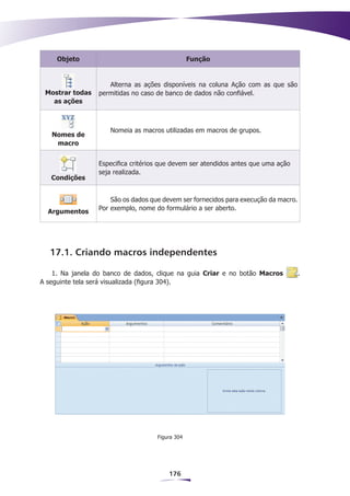 Objeto                                      Função


                    Alterna as ações disponíveis na coluna Ação com as que são
 Mostrar todas   permitidas no caso de banco de dados não confiável.
   as ações



                     Nomeia as macros utilizadas em macros de grupos.
   Nomes de
    macro


                 Especifica critérios que devem ser atendidos antes que uma ação
                 seja realizada.
   Condições


                     São os dados que devem ser fornecidos para execução da macro.
                 Por exemplo, nome do formulário a ser aberto.
  Argumentos




   17.1. Criando macros independentes

    1. Na janela do banco de dados, clique na guia Criar e no botão Macros           .
A seguinte tela será visualizada (figura 304).




                                    Figura 304




                                        176
 