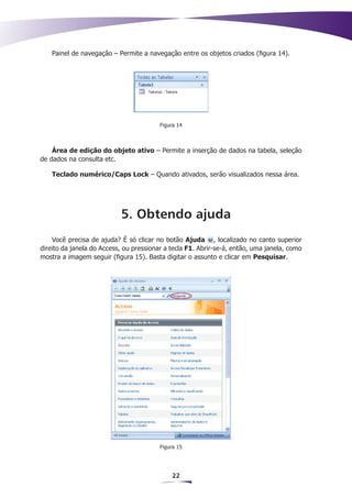 Painel de navegação – Permite a navegação entre os objetos criados (figura 14).




                                         Figura 14



    Área de edição do objeto ativo – Permite a inserção de dados na tabela, seleção
de dados na consulta etc.

    Teclado numérico/Caps Lock – Quando ativados, serão visualizados nessa área.




                           5. Obtendo ajuda
    Você precisa de ajuda? É só clicar no botão Ajuda , localizado no canto superior
direito da janela do Access, ou pressionar a tecla F1. Abrir-se-á, então, uma janela, como
mostra a imagem seguir (figura 15). Basta digitar o assunto e clicar em Pesquisar.




                                         Figura 15




                                             22
 