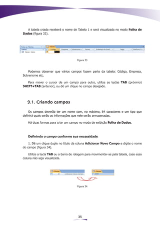 A tabela criada receberá o nome de Tabela 1 e será visualizada no modo Folha de
Dados (figura 33).




                                       Figura 33



   Podemos observar que vários campos fazem parte da tabela: Código, Empresa,
Sobrenome etc.

   Para mover o cursor de um campo para outro, utilize as teclas TAB (próximo)
SHIFT+TAB (anterior), ou dê um clique no campo desejado.




   9.1. Criando campos

    Os campos deverão ter um nome com, no máximo, 64 caracteres e um tipo que
definirá quais serão as informações que nele serão armazenadas.

   Há duas formas para criar um campo no modo de exibição Folha de Dados.



   Definindo o campo conforme sua necessidade

    1. Dê um clique duplo no título da coluna Adicionar Novo Campo e digite o nome
do campo (figura 34).

    Utilize a tecla TAB ou a barra de rolagem para movimentar-se pela tabela, caso essa
coluna não seja visualizada.




                                       Figura 34




                                        35
 