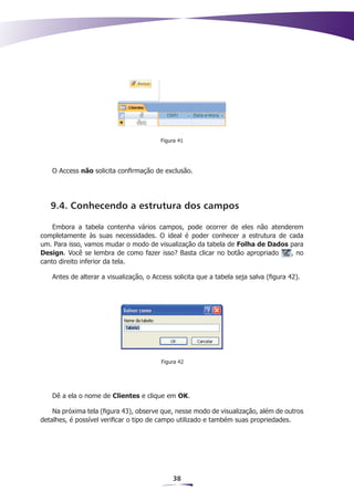 Figura 41




   O Access não solicita confirmação de exclusão.




   9.4. Conhecendo a estrutura dos campos

    Embora a tabela contenha vários campos, pode ocorrer de eles não atenderem
completamente às suas necessidades. O ideal é poder conhecer a estrutura de cada
um. Para isso, vamos mudar o modo de visualização da tabela de Folha de Dados para
Design. Você se lembra de como fazer isso? Basta clicar no botão apropriado   , no
canto direito inferior da tela.

   Antes de alterar a visualização, o Access solicita que a tabela seja salva (figura 42).




                                         Figura 42




   Dê a ela o nome de Clientes e clique em OK.

    Na próxima tela (figura 43), observe que, nesse modo de visualização, além de outros
detalhes, é possível verificar o tipo de campo utilizado e também suas propriedades.




                                             38
 