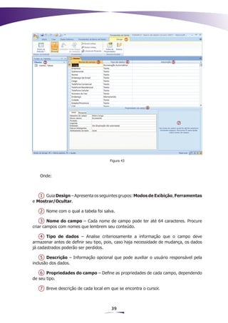 Figura 43



   Onde:



   1	 Guia Design – Apresenta os seguintes grupos: Modos de Exibição, Ferramentas
e Mostrar/Ocultar.

   2	 Nome com o qual a tabela foi salva.

    3	 Nome do campo – Cada nome de campo pode ter até 64 caracteres. Procure
criar campos com nomes que lembrem seu conteúdo.

    4	 Tipo de dados – Analise criteriosamente a informação que o campo deve
armazenar antes de definir seu tipo, pois, caso haja necessidade de mudança, os dados
já cadastrados poderão ser perdidos.

    5	 Descrição – Informação opcional que pode auxiliar o usuário responsável pela
inclusão dos dados.

    6	 Propriedades do campo – Define as propriedades de cada campo, dependendo
de seu tipo.

   7	 Breve descrição de cada local em que se encontra o cursor.



                                       39
 