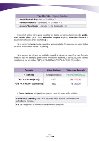 Tipo Sim/Não – Existem 3 opções:
      Sim/Não (Padrão) – Sim <> 0 e Não = 0.
      Verdadeiro/Falso – Verdadeiro <> 0 e Falso = 0.
      Ativado/Desativado – Ativado <> 0 e Desativado = 0.



   É possível utilizar cores para visualizar os dados. As cores disponíveis são preto,
azul, verde, ciano (azul claro), vermelho, magenta (pink), amarelo e branco e
devem ser colocadas entre colchetes [ ].

    Se o campo for texto, basta especificar a cor desejada. Por exemplo, se quiser todas
as letras maiúsculas e verdes: > [Verde].



    Se o campo for número ou unidade monetária, devemos especificar seu formato
antes da cor. Por exemplo, para valores monetários positivos, a cor azul e, para valores
negativos, a cor vermelha: “R$ “#.###,00 [Azul];”(R$ “#.###,00) [Vermelho].




            Formato                    Valor Digitado         Valores de Exemplo

           > [VERDE]                  Fundação Bradesco       FUNDAÇÃO BRADESCO

    “R$ “#.###,00 [Azul];                    -1500                 (R$ 1.500,00)

 “(R$ “#.###,00) [Vermelho]                  1500                   R$ 1.500,00




   • Casas decimais – Especificam quantas casas decimais serão exibidas.

  Automático (Padrão) – As casas decimais serão exibidas conforme foram
  definidas no formato.
  0 a 15 – Especifica o número de casa decimais desejado.




                                        43
 