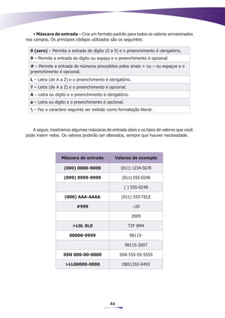 • Máscara de entrada – Cria um formato padrão para todos os valores armazenados
nos campos. Os principais códigos utilizados são os seguintes:

  0 (zero) – Permite a entrada de dígito (0 a 9) e o preenchimento é obrigatório.
  9 – Permite a entrada de dígito ou espaço e o preenchimento é opcional.
  # – Permite a entrada de números precedidos pelos sinais + ou – ou espaços e o
  preenchimento é opcional.
  L – Letra (de A a Z) e o preenchimento é obrigatório.
  ? – Letra (de A a Z) e o preenchimento é opcional.
  A – Letra ou dígito e o preenchimento é obrigatório.
  a – Letra ou dígito e o preenchimento é opcional.
   – Faz o caractere seguinte ser exibido como formatação literal.



   A seguir, mostramos algumas máscaras de entrada úteis e os tipos de valores que você
pode inserir nelas. Os valores poderão ser alterados, sempre que houver necessidade.




                  Máscara de entrada             Valores de exemplo

                   (000) 0000-0000                 (011) 1234-5678

                   (999) 9999-9999                 (011) 555-0248

                                                      ( ) 555-0248

                    (000) AAA-AAAA                 (011) 555-TELE

                          #999                            –20

                                                          2009

                        >L0L 0L0                       T2F 8M4

                      00000-9999                         98115-

                                                      98115-3007

                   SSN 000-00-0000                SSN 555-55-5555

                    >LL00000-0000                   DB51392-0493




                                            44
 