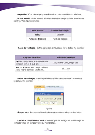 • Legenda – Rótulo do campo que será visualizado em formulários ou relatórios.

    • Valor Padrão – Valor inserido automaticamente no campo durante a entrada de
registros. Veja alguns exemplos:




                     Valor Padrão             Valores de exemplo

                        Data()                        5/6/2009

                  Fundação Bradesco               Fundação Bradesco




   • Regra de validação – Define regras para a inclusão de novos dados. Por exemplo:




           Regra de validação                         Valores de exemplo

  <F: em campo texto, aceita nomes que
                                                  Ana, Beatriz, Carlos, Diego, Elisa
  comecem com A, B, C, D e E
  >50 E <=100: em campo número,
                                                             51......100
  aceita valores acima de 50 até 100.



    • Texto de validação – Texto apresentado quando dados inválidos são incluídos
no campo. Por exemplo:




                                      Figura 45

   • Requerido – Sem o preenchimento do campo, o registro não poderá ser salvo.



    • Permitir comprimento zero – Permite que um espaço em branco seja um
conteúdo válido em campos Texto ou Memorando.


                                      45
 