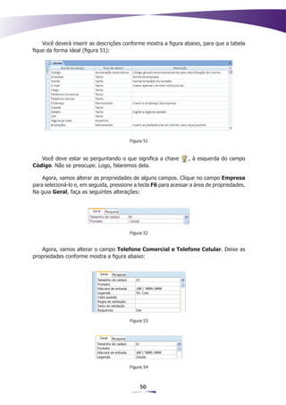Você deverá inserir as descrições conforme mostra a figura abaixo, para que a tabela
fique da forma ideal (figura 51):




                                         Figura 51



   Você deve estar se perguntando o que significa a chave         , à esquerda do campo
Código. Não se preocupe. Logo, falaremos dela.

    Agora, vamos alterar as propriedades de alguns campos. Clique no campo Empresa
para selecioná-lo e, em seguida, pressione a tecla F6 para acessar a área de propriedades.
Na guia Geral, faça as seguintes alterações:




                                         Figura 52


    Agora, vamos alterar o campo Telefone Comercial e Telefone Celular. Deixe as
propriedades conforme mostra a figura abaixo:




                                         Figura 53




                                         Figura 54



                                             50
 