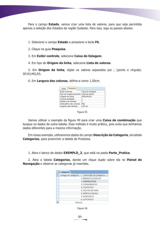 Para o campo Estado, vamos criar uma lista de valores, para que seja permitida
apenas a seleção dos Estados da região Sudeste. Para isso, siga os passos abaixo:



   1. Selecione o campo Estado e pressione a tecla F6.

   2. Clique na guia Pesquisa.

   3. Em Exibir controle, selecione Caixa de listagem.

   4. Em tipo de Origem da linha, selecione Lista de valores.

   5. Em Origem da linha, digite os valores separados por ; (ponto e vírgula):
SP;RJ;MG;ES.

   6. Em Largura das colunas, defina-a como 1,50cm.




                                      Figura 55


   Vamos utilizar o exemplo da figura 49 para criar uma Caixa de combinação que
busque os dados de outra tabela. Esse método é muito prático, pois evita que tenhamos
dados diferentes para a mesma informação.

   Em nosso exemplo, utilizaremos dados do campo Descrição da Categoria, da tabela
Categorias, para preencher a tabela de Produtos.



   1. Abra o banco de dados EXEMPLO_2, que está na pasta Parte_Pratica.

   2. Abra a tabela Categorias, dando um clique duplo sobre ela no Painel de
Navegação e observe as categorias já inseridas.




                                      Figura 56


                                       51
 
