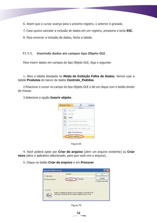 6. Assim que o cursor avança para o próximo registro, o anterior é gravado.

   7. Caso queira cancelar a inclusão de dados em um registro, pressione a tecla ESC.

   8. Para encerrar a inclusão de dados, feche a tabela.




   11.1.1.	 Inserindo dados em campos tipo Objeto OLE

   Para inserir dados em campos do tipo Objeto OLE, faça o seguinte:



    1. Abra a tabela desejada no Modo de Exibição Folha de Dados. Vamos usar a
tabela Produtos do banco de dados Controle_Pedidos.

   2.Posicione o cursor no campo do tipo Objeto OLE e dê um clique com o botão direito
do mouse.

   3.Selecione a opção Inserir objeto.




                                       Figura 69


   4. Você poderá optar por Criar do arquivo (abrir um arquivo existente) ou Criar
novo (abre o aplicativo selecionado, para que você crie o arquivo).

   5. Clique no botão Criar do arquivo e em Procurar.




                                       Figura 70


                                           58
 