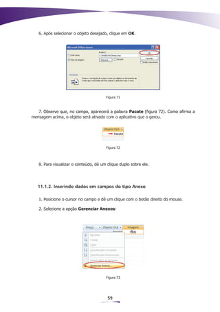 6. Após selecionar o objeto desejado, clique em OK.




                                       Figura 71



   7. Observe que, no campo, aparecerá a palavra Pacote (figura 72). Como afirma a
mensagem acima, o objeto será ativado com o aplicativo que o gerou.




                                       Figura 72




   8. Para visualizar o conteúdo, dê um clique duplo sobre ele.




   11.1.2. Inserindo dados em campos do tipo Anexo

   1. Posicione o cursor no campo e dê um clique com o botão direito do mouse.

   2. Selecione a opção Gerenciar Anexos:




                                       Figura 73




                                        59
 