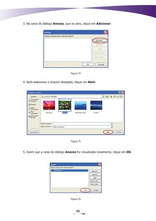 3. Na caixa de diálogo Anexos, que se abre, clique em Adicionar:




                                   Figura 74


4. Após selecionar o arquivo desejado, clique em Abrir.




                                   Figura 75



5. Assim que a caixa de diálogo Anexos for visualizada novamente, clique em OK.




                                   Figura 76




                                        60
 