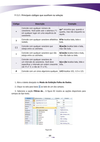 11.5.1. Principais códigos que auxiliam na seleção



 Código                    Descrição                              Exemplo

           Coincide com qualquer número de
                                                        qu* encontra que, quando e
           caracteres. Você pode usar o asterisco (*)
    *                                                   quanto, mas não enquanto ou
           em qualquer lugar em uma sequência de
                                                        aquilo.
           caracteres.

           Coincide com qualquer caractere alfabético B?la localiza bala, bola e
    ?
           isolado.                                   bula.

           Coincide com qualquer caractere que          B[ao]la localiza bala e bola,
    []
           esteja entre os colchetes.                   mas não bula.

           Coincide com qualquer caractere que não      b[!ae]la localiza bola e bula,
     !
           esteja entre os colchetes.                   mas não bala ou bela.

           Coincide com qualquer caractere de
           um intervalo de caracteres. Você deve      b[a-c]la localiza bala, bbla e
    -
           especificar o intervalo em ordem crescente bcla.
           (de ‘A’ a’’ Z’, e não de ‘Z’ a ‘A’).

    #      Coincide com um único algarismo qualquer. 1#3 localiza 103, 113 e 123.




   1. Abra a tabela desejada no Modo de Exibição Folha de Dados.

   2. Clique na seta para baixo   ao lado de um dos campos.

   3. Selecione a opção Filtros de... A figura 82 mostra as opções disponíveis para
campos do tipo texto.




                                       Figura 82


                                           64
 
