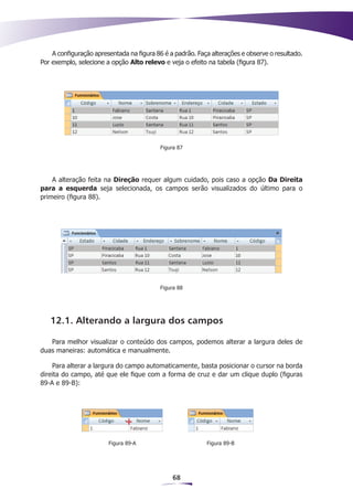 A configuração apresentada na figura 86 é a padrão. Faça alterações e observe o resultado.
Por exemplo, selecione a opção Alto relevo e veja o efeito na tabela (figura 87).




                                           Figura 87




    A alteração feita na Direção requer algum cuidado, pois caso a opção Da Direita
para a esquerda seja selecionada, os campos serão visualizados do último para o
primeiro (figura 88).




                                           Figura 88




   12.1. Alterando a largura dos campos

   Para melhor visualizar o conteúdo dos campos, podemos alterar a largura deles de
duas maneiras: automática e manualmente.

    Para alterar a largura do campo automaticamente, basta posicionar o cursor na borda
direita do campo, até que ele fique com a forma de cruz e dar um clique duplo (figuras
89-A e 89-B):




                        Figura 89-A                        Figura 89-B




                                               68
 