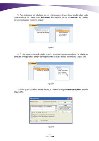 3. Para selecionar as tabelas a serem relacionadas, dê um clique duplo sobre cada
uma ou clique na tabela e em Adicionar. Em seguida, clique em Fechar. As tabelas
serão visualizadas conforme segue:




                                        Figura 93



   4. O relacionamento será criado, quando arrastarmos o campo-chave da tabela ou
consulta principal até o campo correspondente da outra tabela ou consulta (figura 94).




                                        Figura 94


     5. Assim que o botão do mouse é solto, a caixa de diálogo Editar Relações é exibida
(figura 95).




                                        Figura 95




                                        71
 