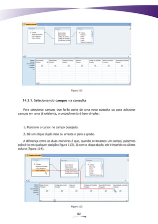 Figura 112



   14.3.1. Selecionando campos na consulta

   Para selecionar campos que farão parte de uma nova consulta ou para adicionar
campos em uma já existente, o procedimento é bem simples:



    1. Posicione o cursor no campo desejado.

    2. Dê um clique duplo nele ou arraste-o para a grade.

    A diferença entre as duas maneiras é que, quando arrastamos um campo, podemos
colocá-lo em qualquer posição (figura 113). Já com o clique duplo, ele é inserido na última
coluna (figura 114).




                                         Figura 113


                                              82
 