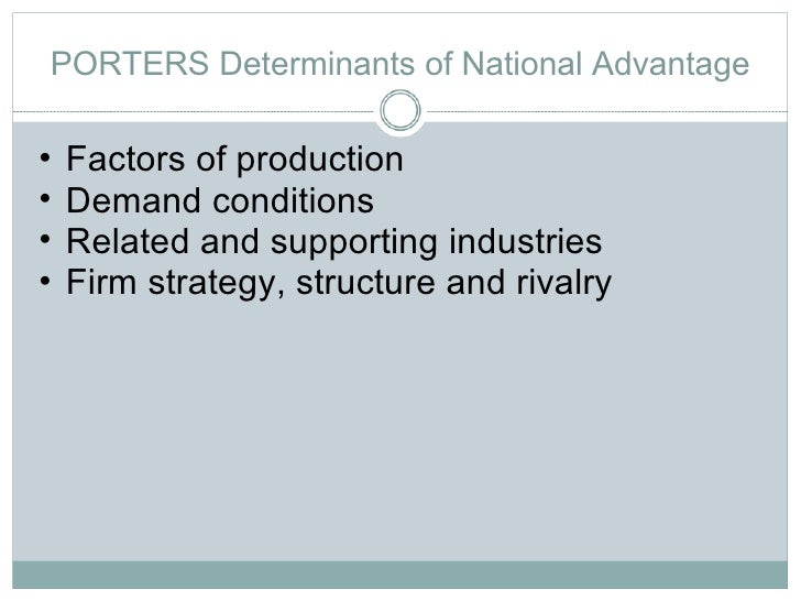 determinants of national advantage Porter's national competitive advantage model this model of determining factors of national advantage has become known porter distinguishes four determinants. determinants of national advantage Porter's national competitive advantage model this model of determining factors of national advantage has become known porter distinguishes four determinants.