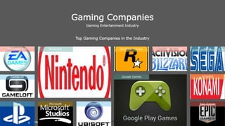Game Architecture and
Programming
St. Vincent Palloti College of Engineering
and Technology
Gaming Companies
Gaming Entertainment Industry
Top Gaming Companies in the Industry
Electronic Arts Nintendo Rockstar Games Activision Blizzard SEGA
Sony Microsoft
Google Games
Epic Games
GameLoft KONAMI
Ubisoft
 