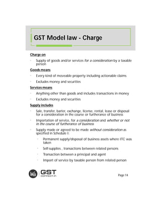 Charge on
⁻ Supply of goods and/or services for a considerationfor a consideration by a taxable
person
Goods means
⁻ Every kind of moveable property including actionable claims
⁻ Excludes money and securities
Services means
⁻ Anything other than goods and includes transactions in money
⁻ Excludes money and securities
Supply includes
⁻ Sale, transfer, barter, exchange, license, rental, lease or disposal
for a consideration in the course or furtherance of business
⁻ Importation of service, for aa considerationconsideration and whether or notwhether or not
in the course of furtherance of businessin the course of furtherance of business
⁻ Supply made or agreed to be made withoutwithout considerationconsideration as
specified in Schedule I:
⁻ Permanent supply/disposal of business assets where ITC was
taken
⁻ Self-supplies , transactions between related persons
⁻ Transaction between a principal and agent
⁻ Import of service by taxable person from related person
GST Model law - Charge
Page 14
 