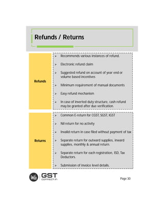  Recommends various instances of refund.
 Electronic refund claim
 Suggested refund on account of year end or
volume based incentives
 Minimum requirement of manual documents
 Easy refund mechanism
 In case of inverted duty structure, cash refund
may be granted after due verification.
 Common E-return for CGST, SGST, IGST
 Nil return for no activity
 Invalid return in case filed without payment of tax
 Separate return for outward supplies, inward
supplies, monthly & annual return.
 Separate return for each registration, ISD, Tax
Deductors.
 Submission of invoice level details.
Refunds
Returns
Refunds / Returns
Page 30
 